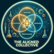 Circular logo for The Aligned Collective featuring four overlapping circles labeled Mission, Vision, Values, and Profession around a central geometric