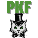 Green "PKF" text above a cartoon cat head wearing a black top hat and bow tie